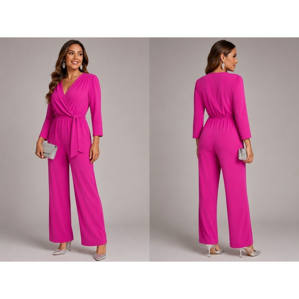Studio EY Pink Wrap Tie Jumpsuit Women's Medium Stretch Long Sleeve Barbiecore